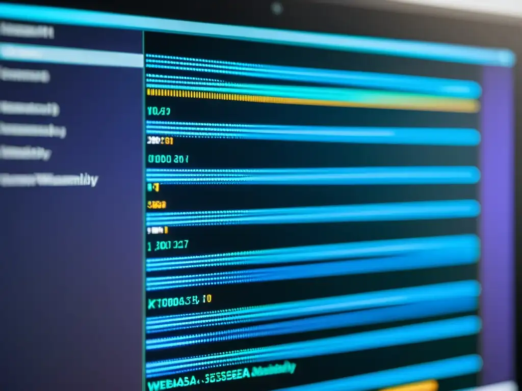 Detalle impactante de código WebAssembly en pantalla Detalle ultrarrealista de pantalla con código WebAssembly resaltado en colores, evocando técnicas debugging efectivas