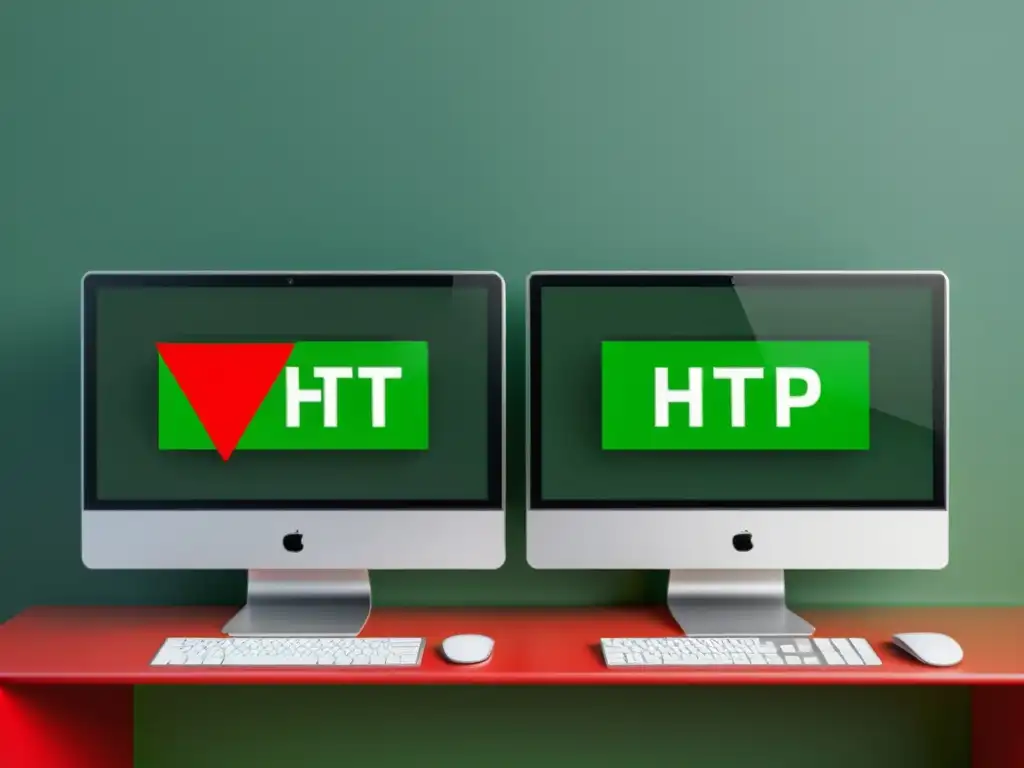 Comparación HTTP vs HTTPS: seguridad y confianza Diferencias entre HTTPS y HTTP: Pantallas de computadora minimalistas con símbolos de seguridad rojo y verde, rodeadas de diseño moderno y profesional
