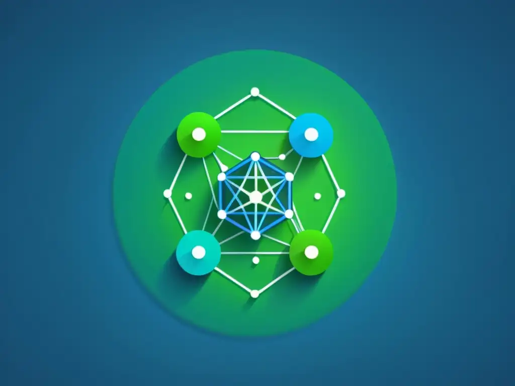 Red descentralizada en azul y verde: ilustración digital minimalista Digitalización minimalista de nodos interconectados simbolizando eficiencia y armonía en el desarrollo de aplicaciones descentralizadas eficientes