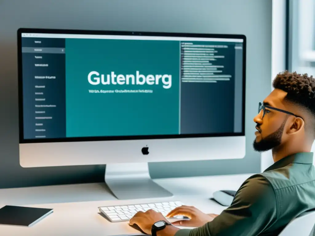 Desarrollador web en acción: diseño de sitio web con Gutenberg Diseñador web con Gutenberg avanzado creando un sitio moderno y pulido en un entorno profesional y limpio