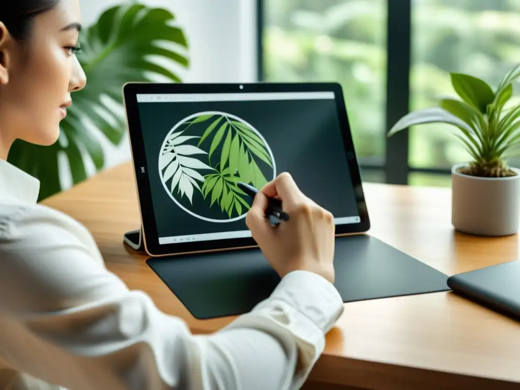 Diseñador web creando arte digital en un espacio moderno Diseñador web crea con precisión en tablet digital, rodeado de naturaleza y luz