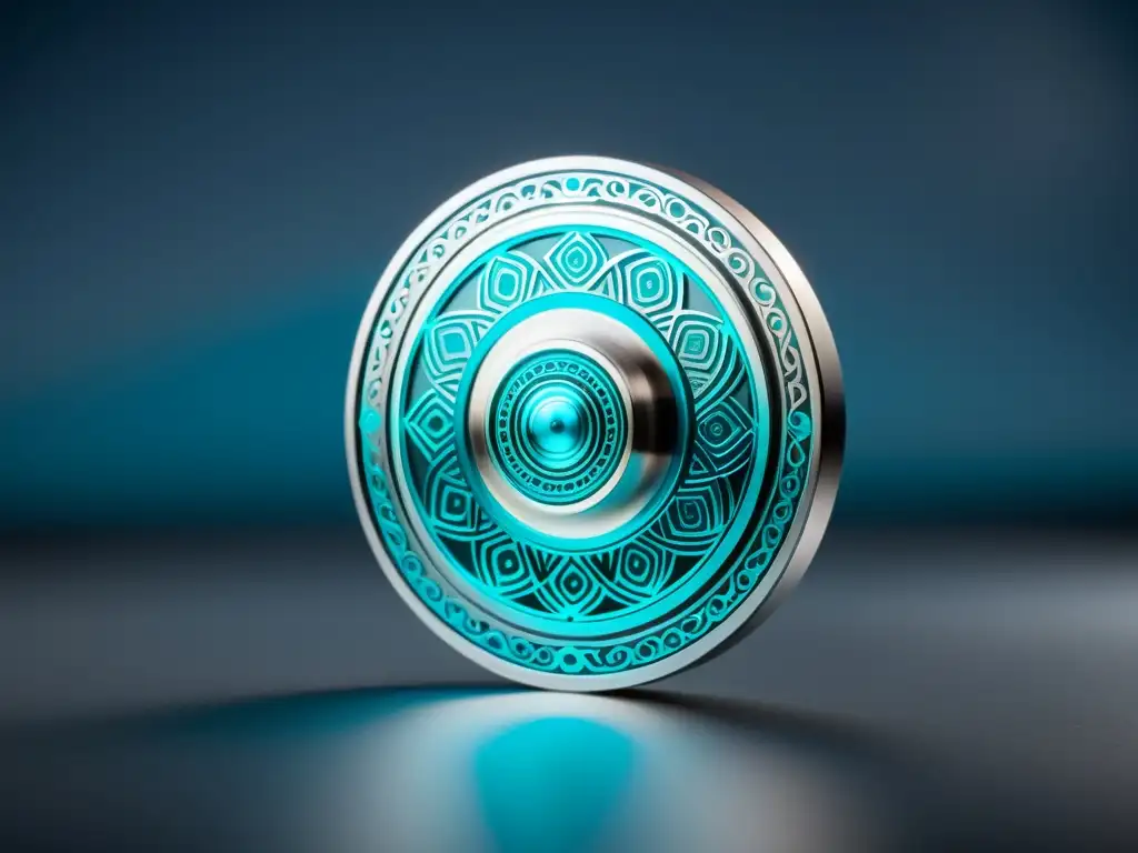 Spinner futurista de plata pulida: diseño elegante en movimiento Diseño de animaciones de carga SVG: Imagen detallada de un spinner futurista plateado con patrones geométricos, emitiendo un suave brillo azul y teal
