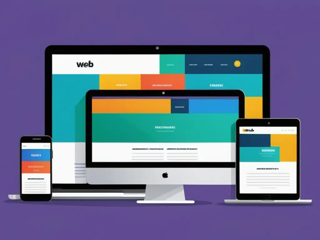 Diseño web adaptable: dispositivos modernos muestran contenido vibrante Diseño flexible para desarrollo web: Ilustración vibrante y minimalista de una página web en múltiples dispositivos, mostrando adaptabilidad y profesionalismo