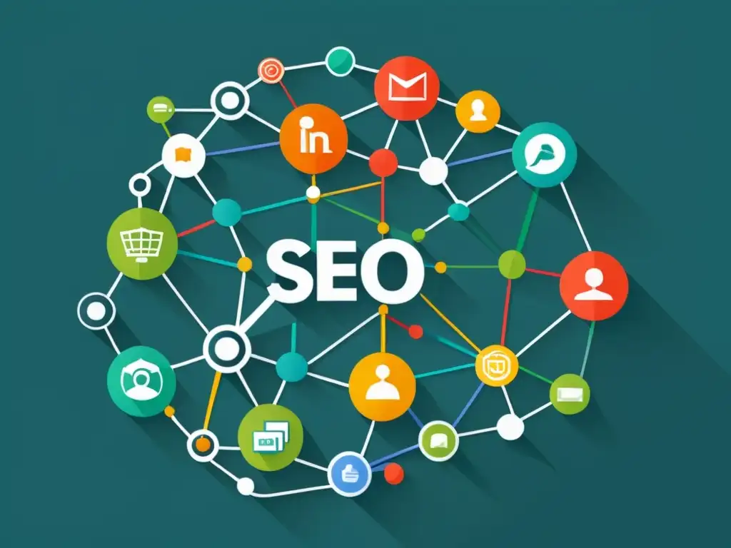 Red de Enlaces SEO: Ilustración Minimalista Un diseño minimalista de una red de sitios web interconectados, representando la avanzada naturaleza del Link Building en la industria SEO