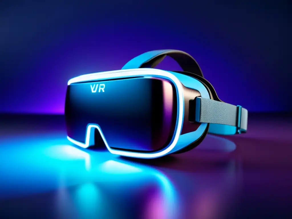 Headset de Realidad Virtual Futurista en 3D Un diseño web para VR y AR impactante, con un auricular futurista iluminado por una suave luz azul en un fondo degradado