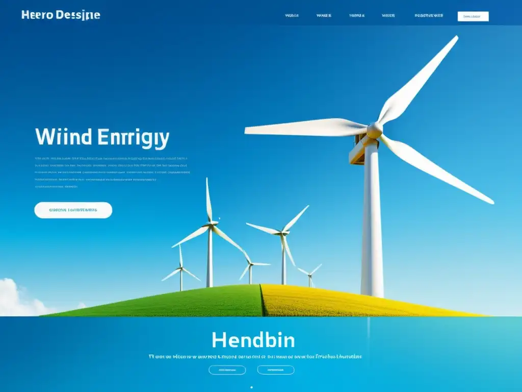 Web moderno inspirado en energía renovable: diseño 8k vibrante Diseño web energías renovables sostenible: Página de inicio con diseño moderno, colores vibrantes e imagen de aerogenerador en cielo azul