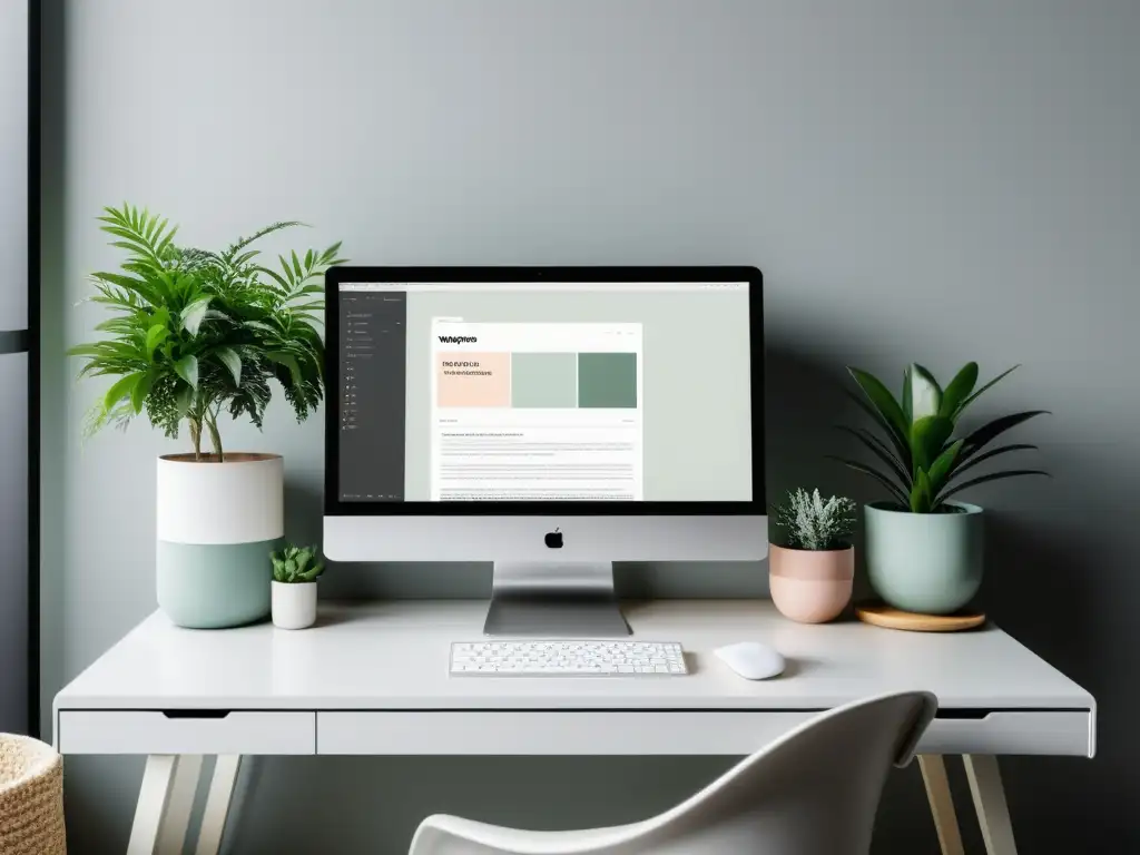 Espacio de trabajo de diseñador web: minimalista y sereno Diseño web con Gutenberg avanzado: Espacio de trabajo minimalista de diseñador web, con orden y serenidad en tonos suaves y toques de verde