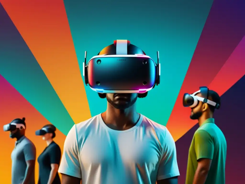 Realidad virtual inclusiva: Interacción vibrante en entorno virtual Diseño web inclusivo en realidad virtual: Persona con gafas de realidad virtual y grupo interactuando en un entorno vibrante y moderno