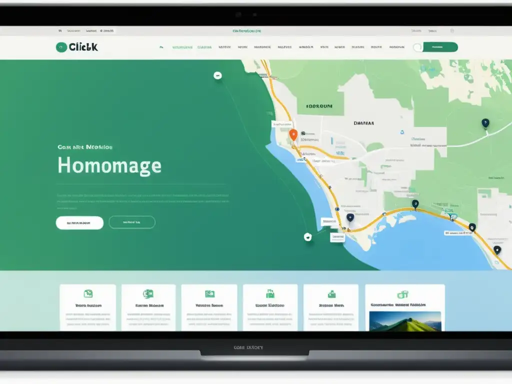 Un diseño web minimalista en 8k con mapas de imagen HTML interactivos resaltando áreas clicables, como botones de navegación y barra de búsqueda