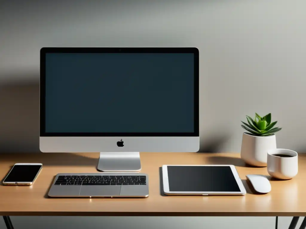Experiencia unificada: dispositivos modernos en un escritorio elegante Dispositivos en un escritorio moderno con diseño multiplataforma experiencia cohesiva