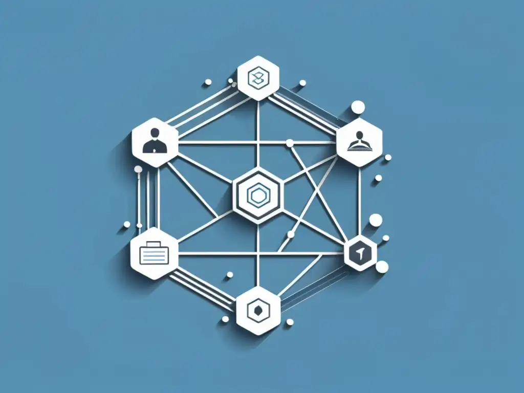 Ecosistema de Aplicaciones Descentralizadas: Conexiones en Azul y Gris Un ecosistema de aplicaciones descentralizadas eficientes con nodos interconectados y líneas limpias, transmitiendo profesionalismo y confiabilidad