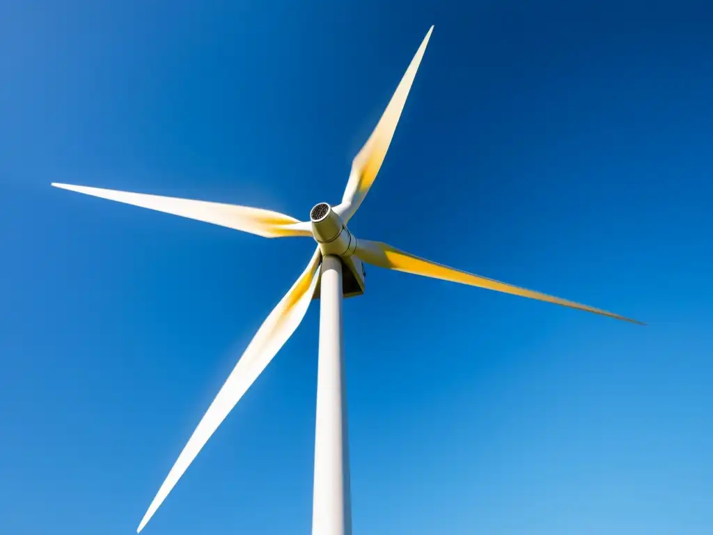 Imagen impactante de una moderna turbina eólica en un cielo azul despejado Implementación eficiente de fuentes web: moderno aerogenerador girando en el cielo azul, proyectando sombras largas en el suelo