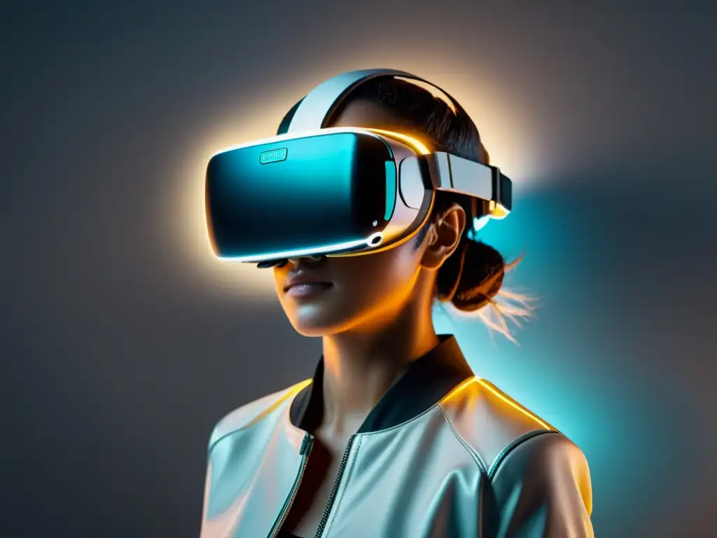 Visor de realidad virtual futurista en 8k Un elegante auricular de realidad virtual en un entorno futurista, rodeado de elementos digitales, evocando innovación tecnológica