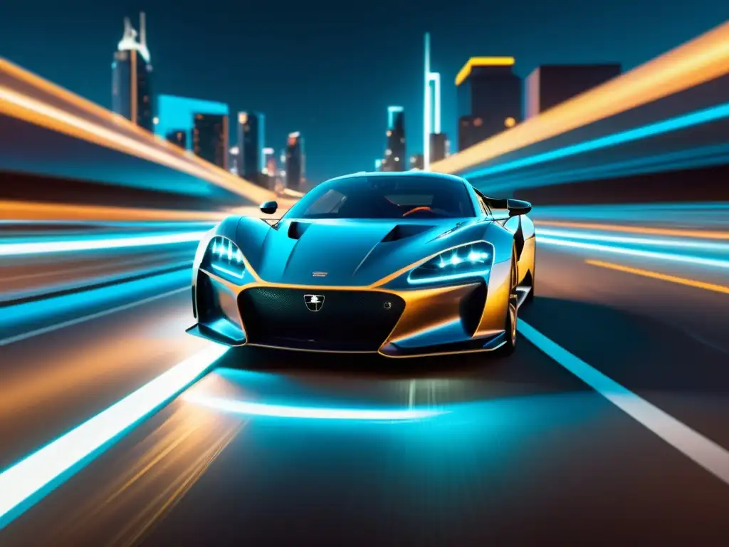 Veloz auto deportivo surca la moderna autopista nocturna Un elegante auto deportivo de alta velocidad recorre una autopista futurista iluminada por la noche, reflejando la ciudad
