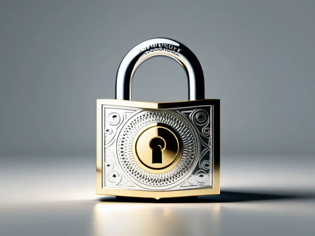 Detalles precisos de un candado cromado Un elegante candado cromado en un fondo blanco, reflejando seguridad y precisión para el desarrollo seguro de plugins WordPress