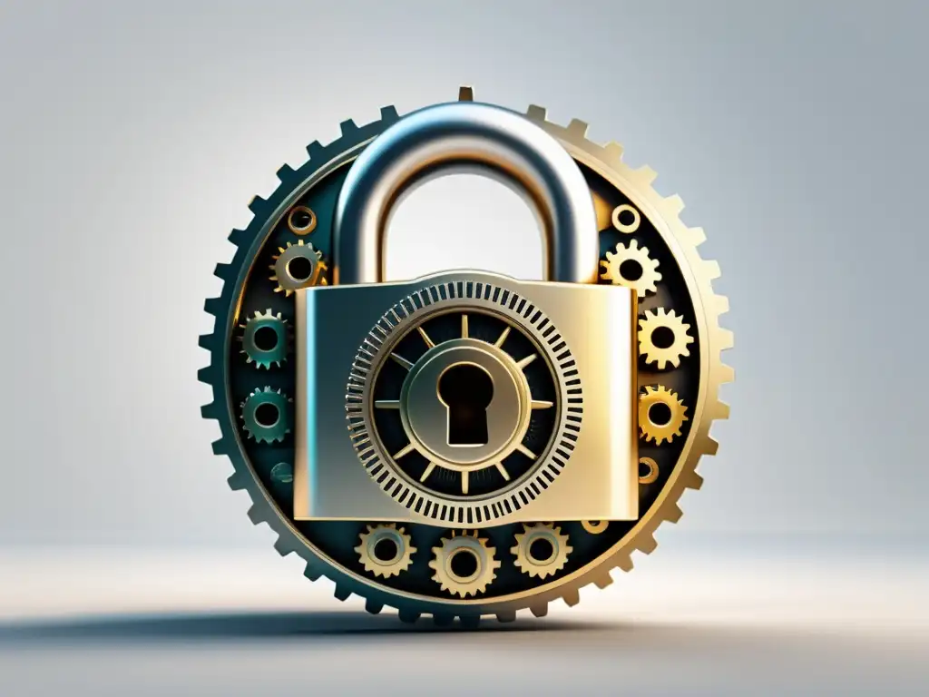 Seguridad Ecommerce: Intrincado candado de engranajes Un elegante candado con engranajes intrincados, simbolizando medidas de seguridad en Ecommerce