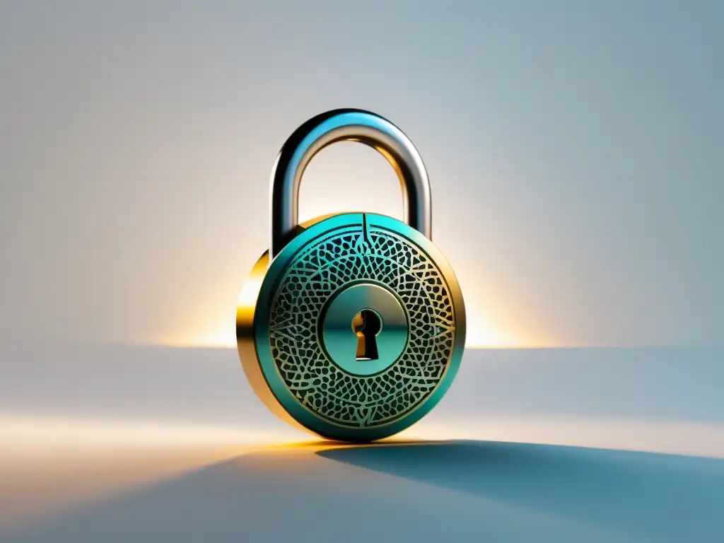 Padlock de seguridad: protección de datos en ilustración minimalista Un elegante candado con patrones entrelazados, simbolizando protección de datos y cumplimiento Ley Protección Datos Google Analytics