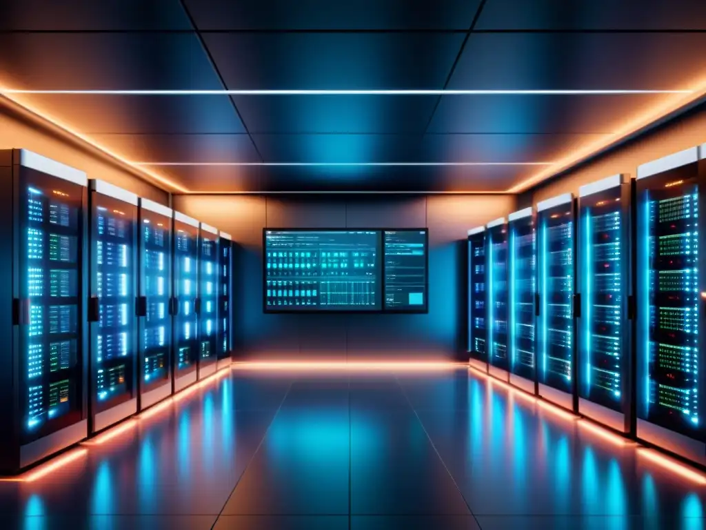 Sala de servidores ultramoderna: 8k minimalista con luces parpadeantes Un elegante y detallado servidor de bases de datos con luces parpadeantes y gráficos de optimización de consultas SQL