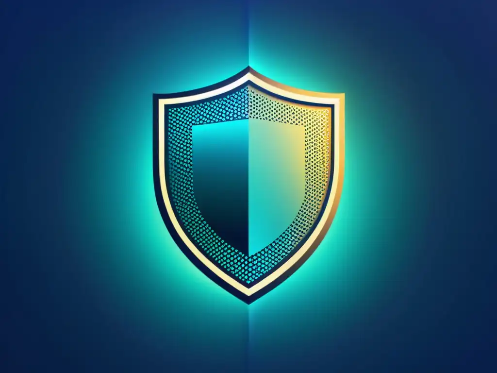 Escudo digital brillante: símbolo de protección en gradiente azul a verde Un elegante escudo con patrones geométricos contra un fondo degradado azul a turquesa, simbolizando protección y seguridad