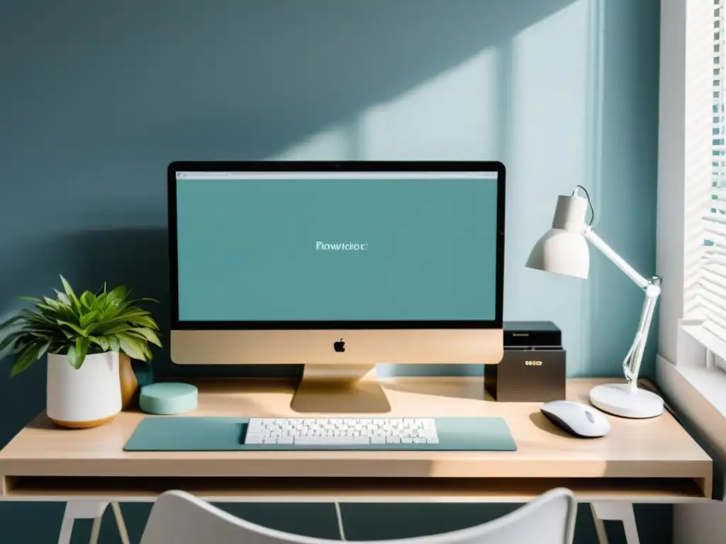 Diseño de espacio de trabajo minimalista y productivo Un elegante espacio de trabajo minimalista con una configuración de doble monitor, teclado y ratón inalámbricos