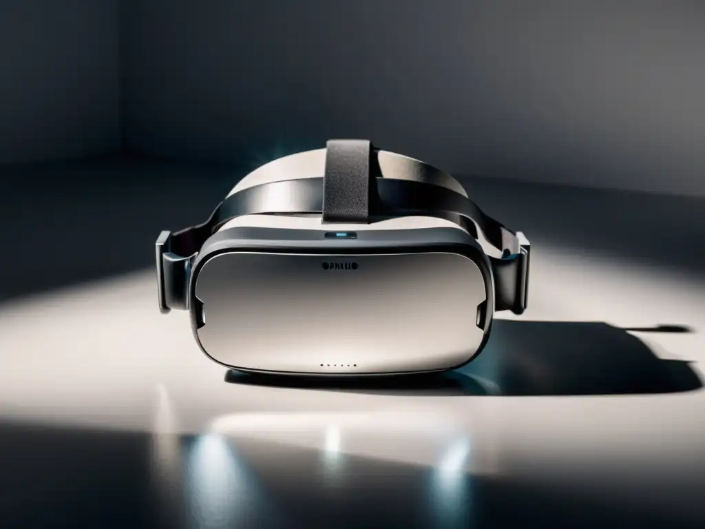 Headset de Realidad Virtual 8k: Elegancia Futurista Un elegante y futurista auricular de realidad virtual en una superficie blanca, iluminado con suavidad