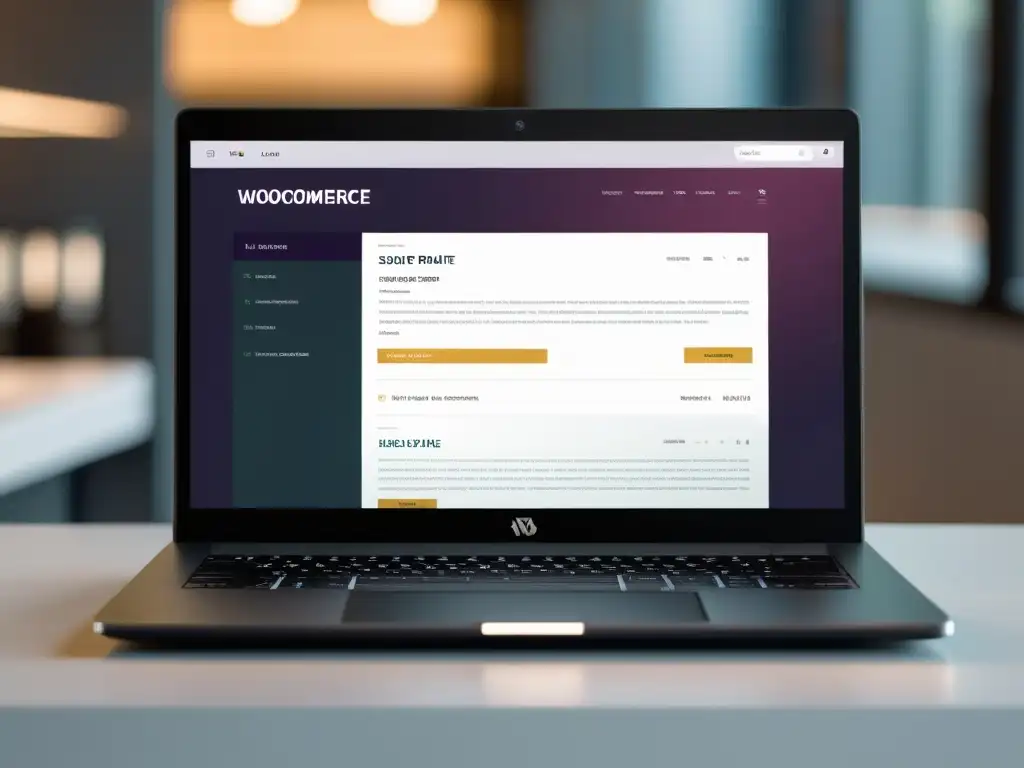 Interfaz legal de WooCommerce en laptop Un elegante laptop muestra la interfaz de una tienda digital de WooCommerce con normativa de comercio electrónico, irradiando profesionalismo