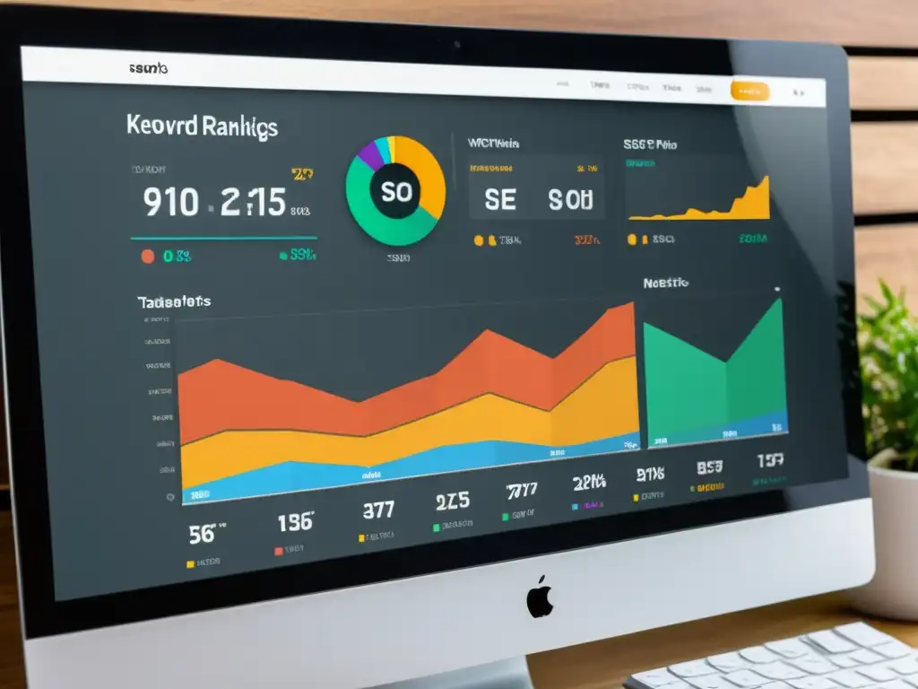 Tablero SEO 8k: métricas de búsqueda local y tráfico web Un elegante panel de control muestra métricas de SEO en una pantalla de alta resolución