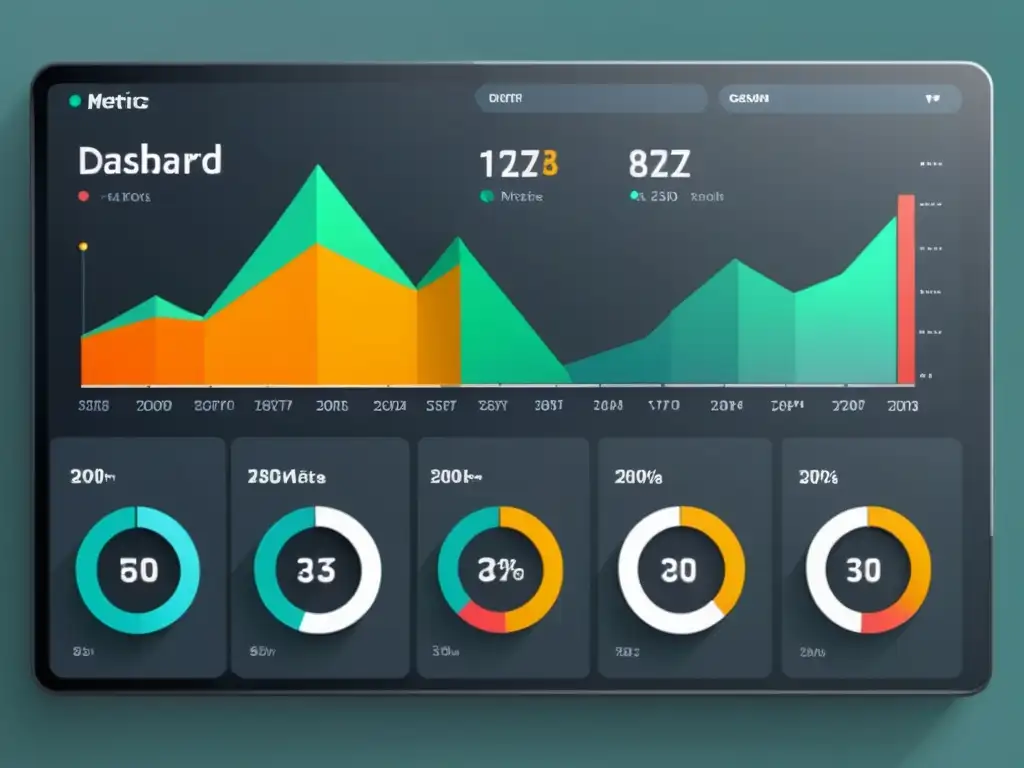 Dashboard web 8k ultradetallado: métricas clave en interfaz minimalista Un elegante panel de control muestra métricas clave para aplicaciones web con visualizaciones intuitivas y una paleta de colores minimalista
