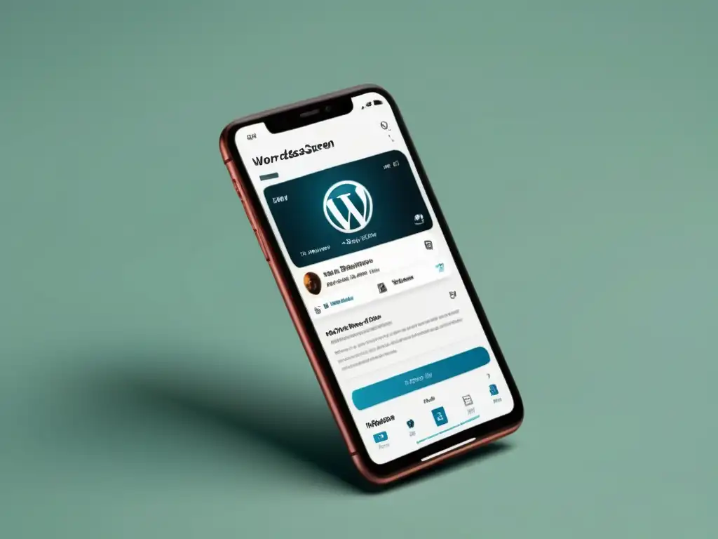 Interfaz moderna de WordPress PWA para smartphone Un elegante smartphone muestra la pantalla de inicio de WordPress PWA con interfaz moderna, navegación fluida y experiencia de usuario intuitiva