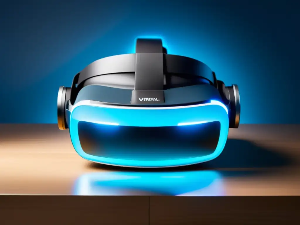 Experiencia inmersiva de VR: headset minimalista en entorno futurista Un elegante visor de realidad virtual con un suave resplandor azul, en un entorno futurista minimalista, capturando la esencia de la psicología del diseño web VR emociones