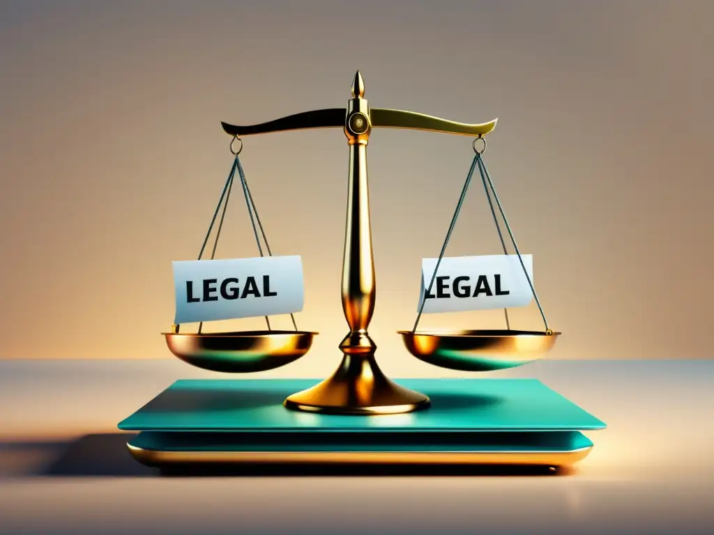 Equilibrio legal y comercio online: ilustración minimalista Equilibrio entre normativa de comercio electrónico WooCommerce y legalidad, representado por una balanza con documentos legales y un carrito de compras en un fondo moderno