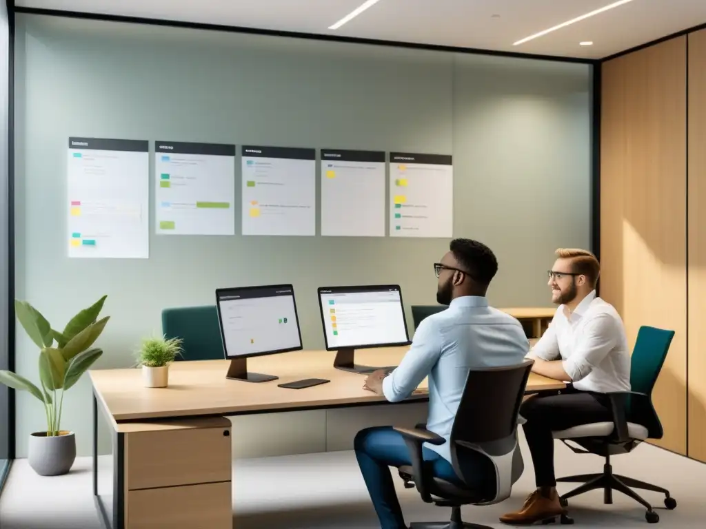 Oficina ágil: Desarrollo en equipo en un entorno moderno Equipo de desarrolladores colaborando en un espacio moderno con Metodologías ágiles para desarrollo BackEnd, transmitiendo camaradería y eficiencia