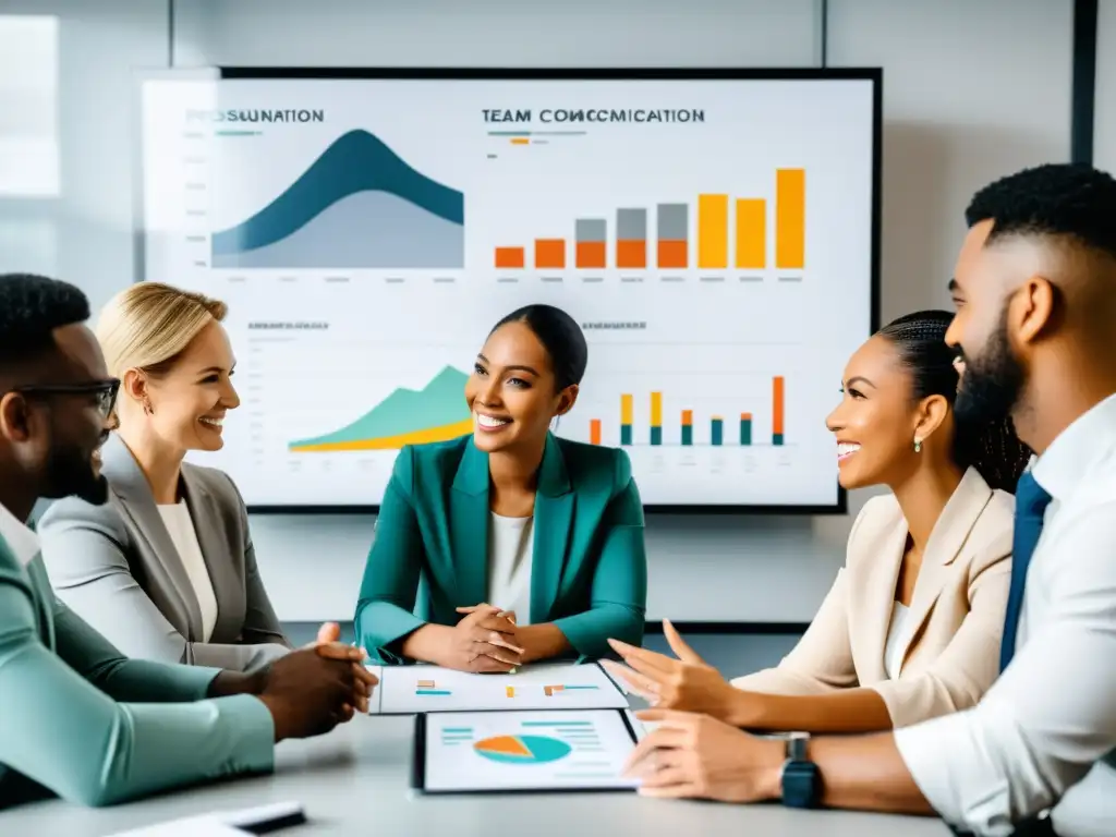 Equipo diverso colaborando en proyecto con gráficos Equipo diverso colabora con gestos en estrategias de comunicación para proyectos de desarrollo, rodeados de gráficos de progreso