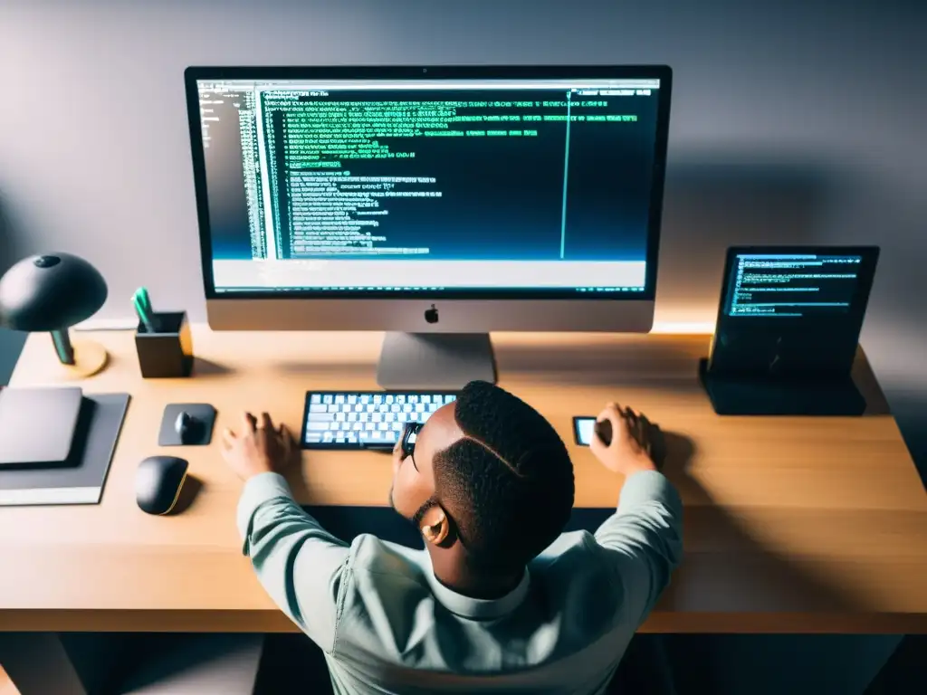 Estación de trabajo de desarrollador: HTML5 y JavaScript en alta resolución Escena serena de desarrollo de juegos en HTML5 en estación de trabajo minimalista, con monitor mostrando código y manos sobre el teclado