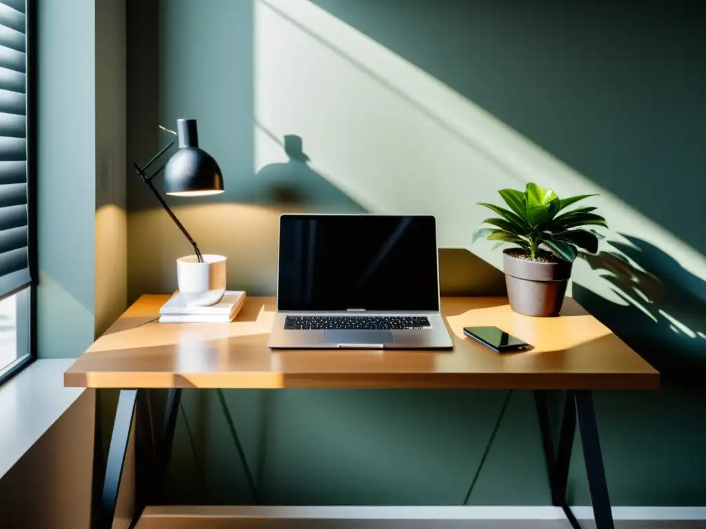 Escritorio moderno con laptop y plantas para influencer marketing Escritorio moderno con laptop, libreta y pluma, iluminado por luz natural