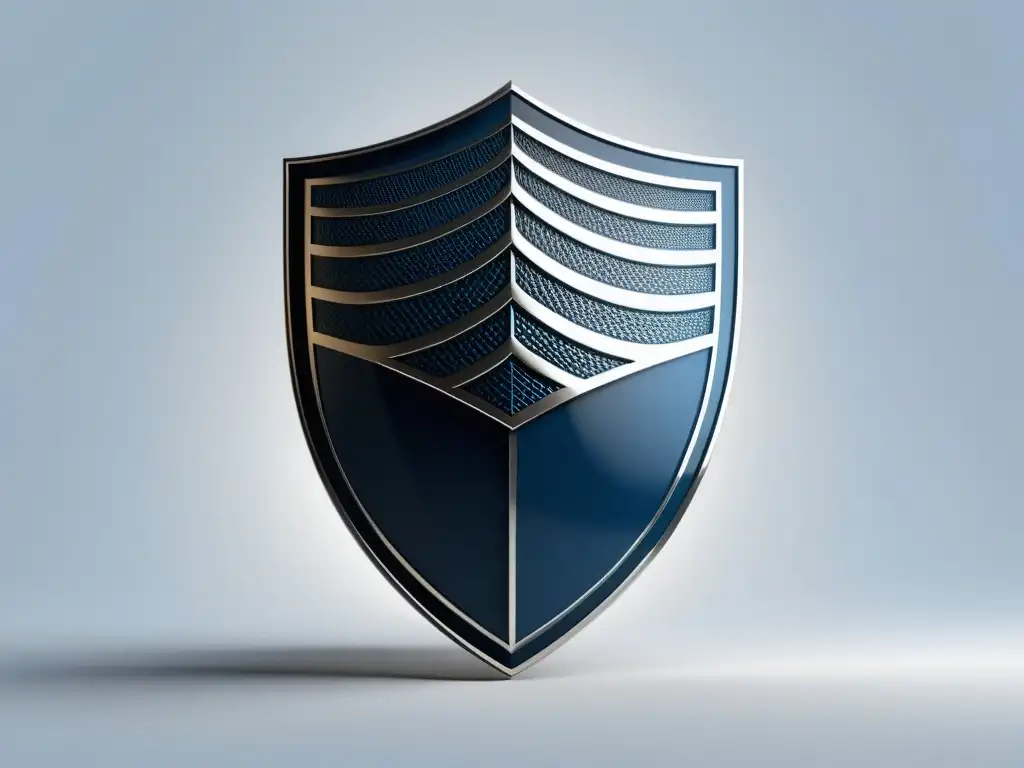 Escudo minimalista: diseño geométrico en tonos azules y plateados Escudo digital minimalista en tonos azules y plateados, evocando protección y sofisticación