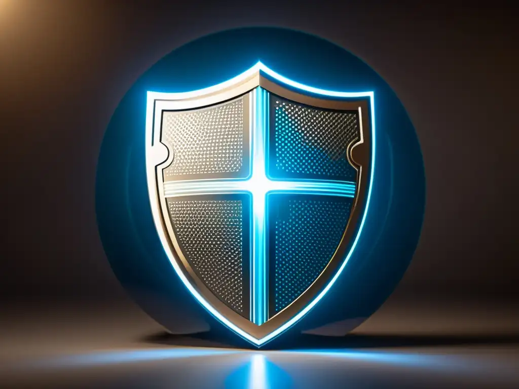 Escudo futurista ultradetallado: defensa impenetrable Un escudo futurista ultradetallado en 8k con patrones brillantes, contra un fondo oscuro