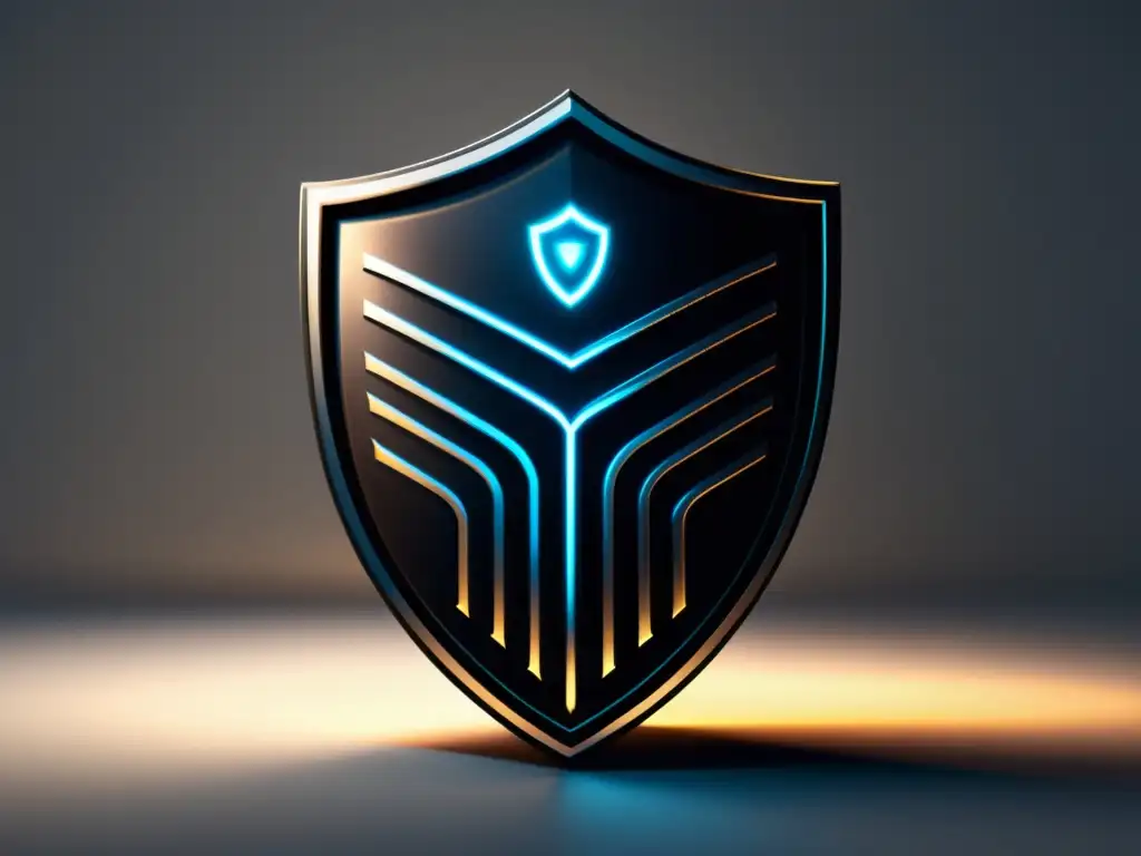 Escudo cibernético moderno: defensa contra ataques Escudo minimalista con patrones geométricos y líneas brillantes, simbolizando protección contra ataques cibernéticos