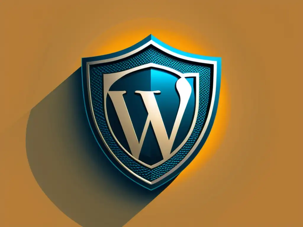 Escudo de ciberseguridad WordPress: Protección sofisticada Un escudo minimalista protege la versión de WordPress de hackers, con capas intrincadas que representan medidas de ciberseguridad