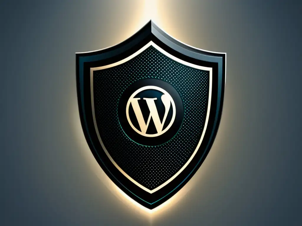 Escudo tecnológico para seguridad en headless CMS WordPress Escudo moderno con intrincados patrones, simbolizando la seguridad en Headless CMS WordPress