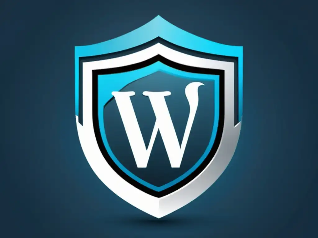 Escudo de WordPress: Protección y modernidad en código Un escudo moderno con el logo de WordPress rodeado de capas de código y candados, reflejando seguridad y modernidad