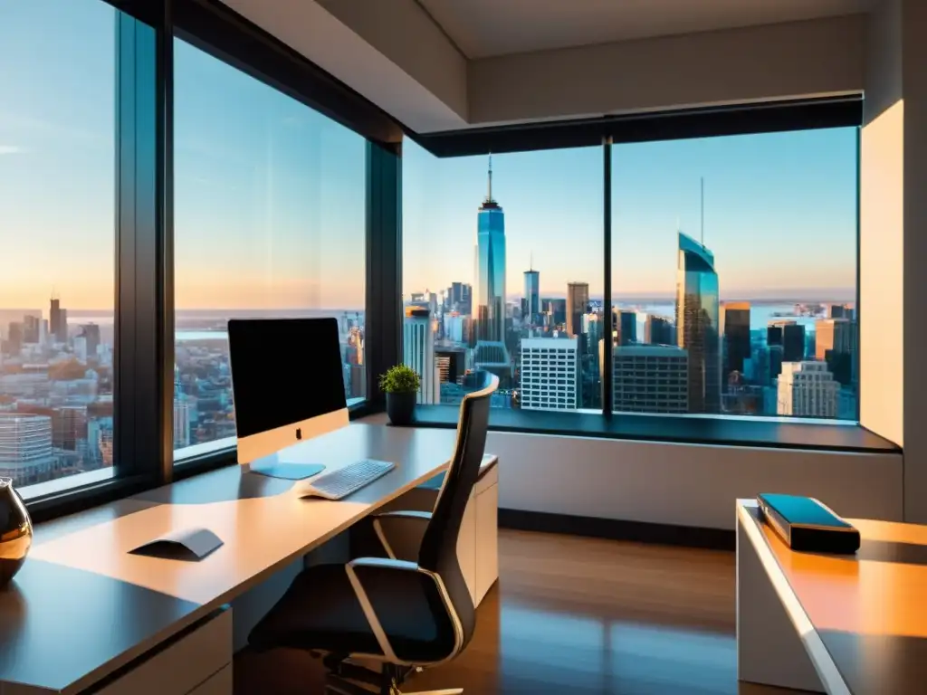 Oficina moderna con vista urbana, luz natural y ambiente productivo Espacio de oficina moderno con vista a la ciudad, escritorio minimalista con computadora, bloc de notas y café
