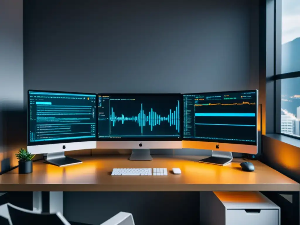 Estación de trabajo de desarrollador web: código blockchain en monitores Espacio de trabajo de desarrollador web con integración sutil de elementos blockchain, creando atmósfera profesional y enfocada