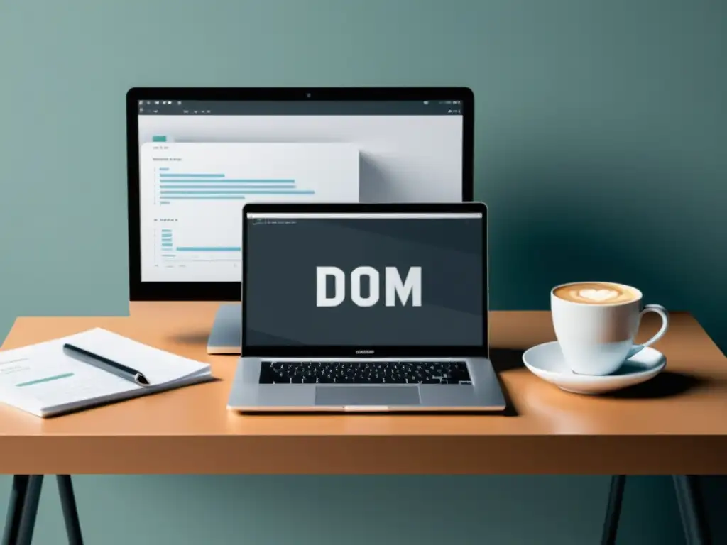 Espacio de trabajo del desarrollador web: código DOM en pantalla Espacio de trabajo de desarrollador web con laptop, café y código
