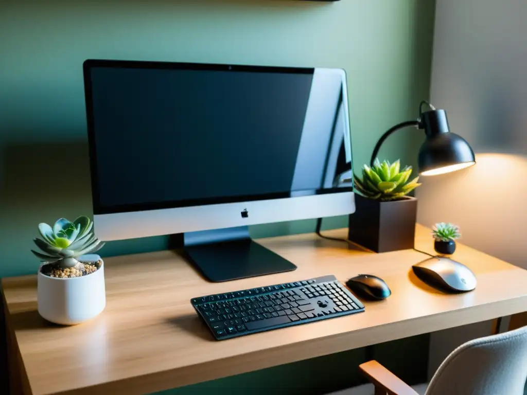 Estación de trabajo del desarrollador web: minimalista y profesional Espacio de trabajo de desarrollador web: escritorio ordenado con computadora, monitores dobles, teclado elegante, ratón inalámbrico, suculentas y lámpara de escritorio