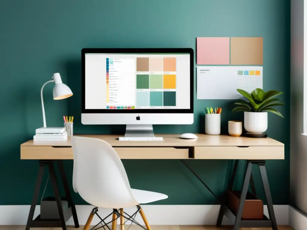 Espacio de trabajo de diseñador web: minimalista y enfocado Espacio de trabajo de diseñador web con variables CSS para diseño web, escritorio moderno, útiles ordenados y paleta de colores inspiradora