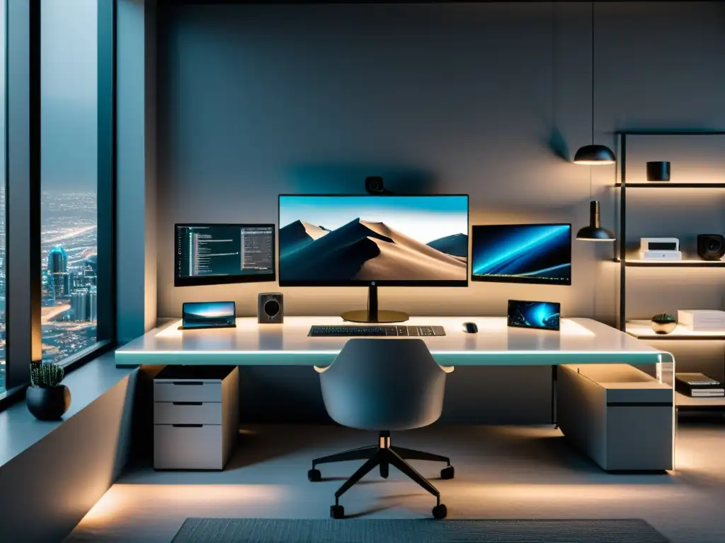 Workspace futurista de alto rendimiento: FullStack 8k Espacio de trabajo futurista y minimalista para Desarrollo FullStack en 2023 principiantes, con tecnología de vanguardia, tonos grises y madera cálida