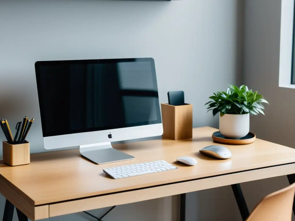 Escritorio de madera moderno y minimalista con laptop plateada y plantita Espacio de trabajo minimalista y eficiente con reutilización de código en WordPress