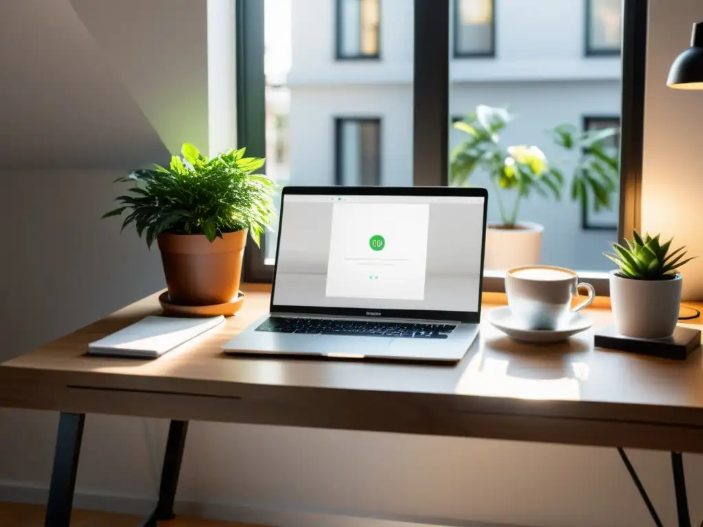 Espacio de trabajo minimalista con escritorio moderno, laptop y decoración elegante Un espacio de trabajo minimalista con un elegante escritorio moderno en una habitación soleada, con un portátil de alta gama abierto a un panel de control de WordPress, rodeado de artículos de papelería elegantes, una planta en maceta y una taza de café