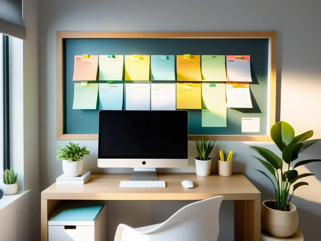 Espacio de trabajo minimalista con luz natural y organización impecable Un espacio de trabajo minimalista con un escritorio elegante, una computadora moderna y un tablero de anuncios organizado